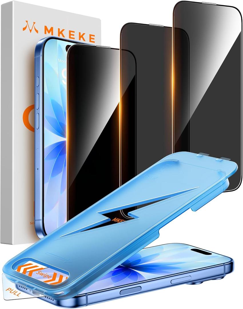 Mkeke for iPhone 17, iPhone 16 Pro Privacy Screen Protector 3 Pack 25 Anti Spy 9H+ Tempered Glass Military-Grade Drop Protection Easy Installation Shockproof Full Edge Coverage 6.3 inch
