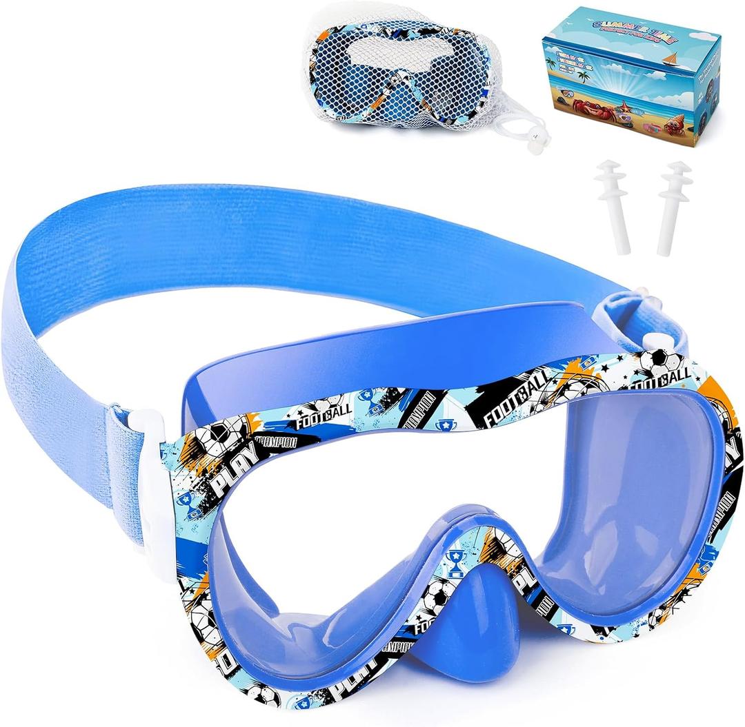 Kids Swim Goggles 180 Snorkel Diving Mask with Nose Cover, Anti-Fog Kids Swimming Goggles with Elastic Fabric Strap for Kids Boys Girls (Blue Football)