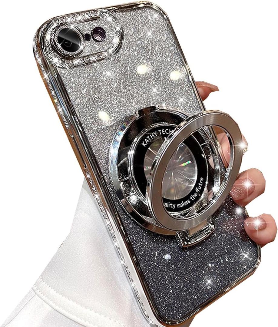 Changjia Magnetic Kickstand Glitter Case for iPhone 17e/iPhone 16e,[Compatible with Magsafe] Cute Bling Sparkly Diamond Rhinestone with Camera Lens Protector Women Girls Case for iPhone 17e/16e,Silver