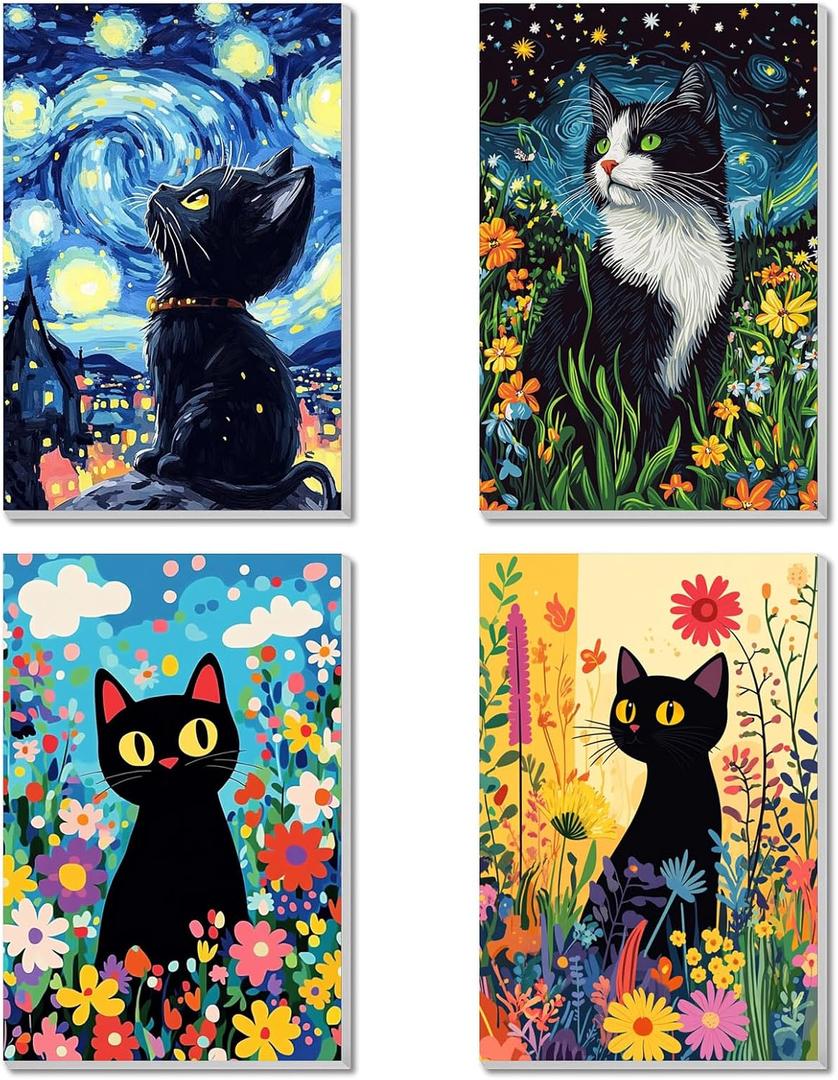 4 Pack Framed Paint by Numbers Kit for Adults Beginner Canvas Painting by Numbers for Adults Black Cat Easy Adult Paint by Number Kits with Frame Starry Night Watercolor Painting by Number 8x12 Inch, YFd0104