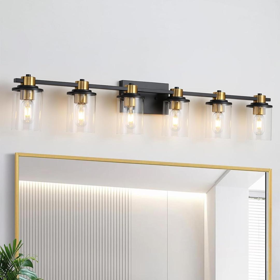 LOUSACE Bathroom Lighting Fixtures Black and Gold 6 Light Bathroom Vanity Light Over Mirror with Clear Glass Shades, Brushed Gold Socket Wall Vanity Lighting Fixtures for Bedroom Living Room