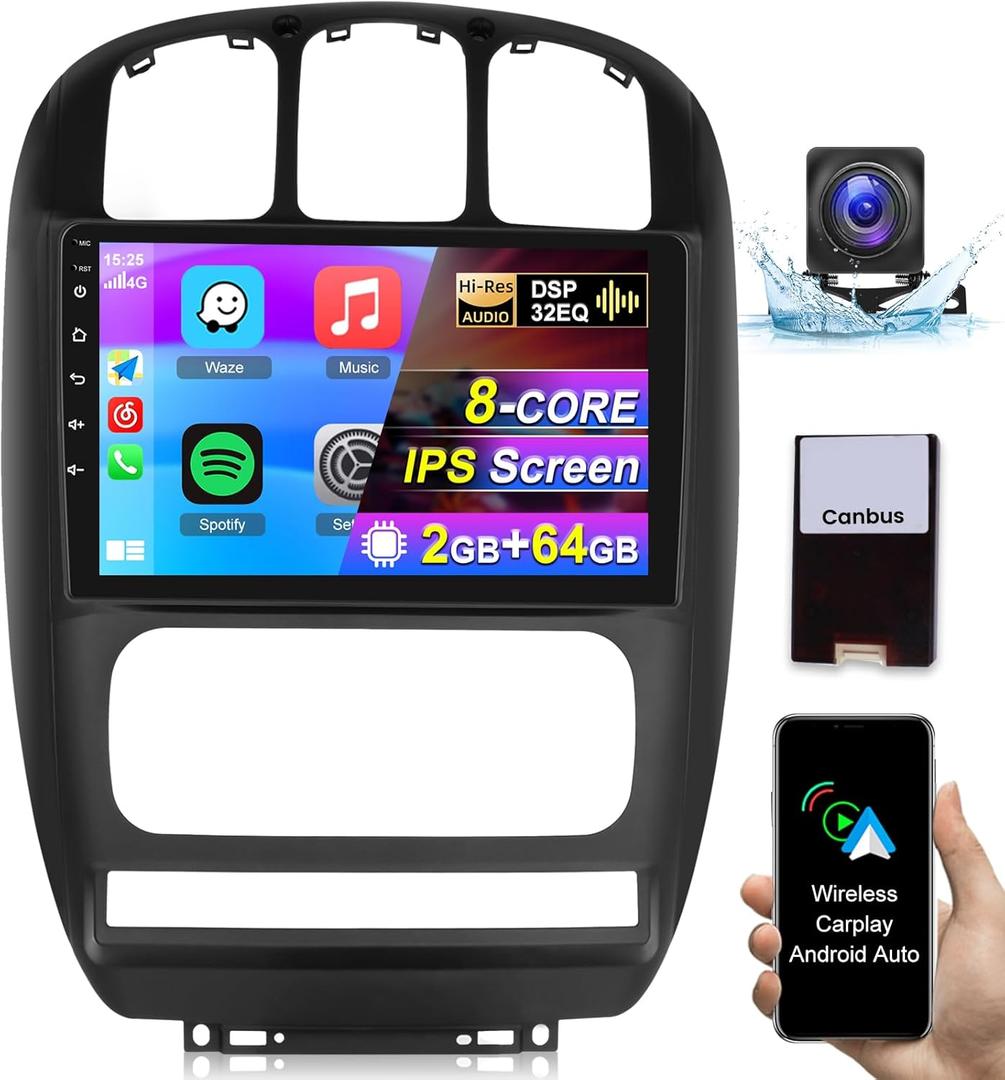 8-Core Android Car Stereo for Chrysler Town and Country 2001-2007, 2+64G 10.1 Inch IPS Touchscreen Radio - Wireless Carplay/Android Auto/WiFi/DSP 32EQ/GPS + AHD Backup Camera + Mic