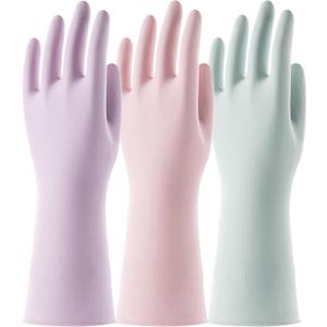 COOLJOB 3 Pairs Colorful Household Gloves with Cotton Liner & Non-slip Grip, Water Resistant Reusable Dish Washing Rubber Gloves for Kitchen & Bathroom Cleaning, Large (Large (Pack of 3), Assorted Colors)