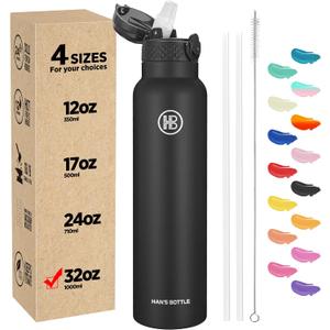 Han's Bottle Sports Water Bottle - 32 Oz, Straw Lid, Leak Proof, Vacuum Insulated Stainless Steel, Double Walled, Thermo Mug,Black