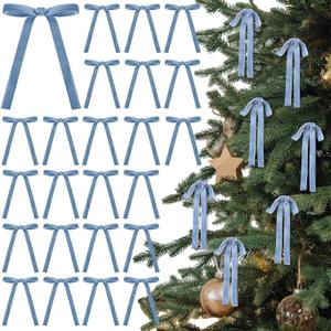 24 Pcs Velvet Bows Christmas Tree Ornaments Vintage Velvet Ribbon Bows for Tree Garland Wreath Indoor Xmas Decorations(5 x 7 Inch, Width of 5/8",Dusty Blue)