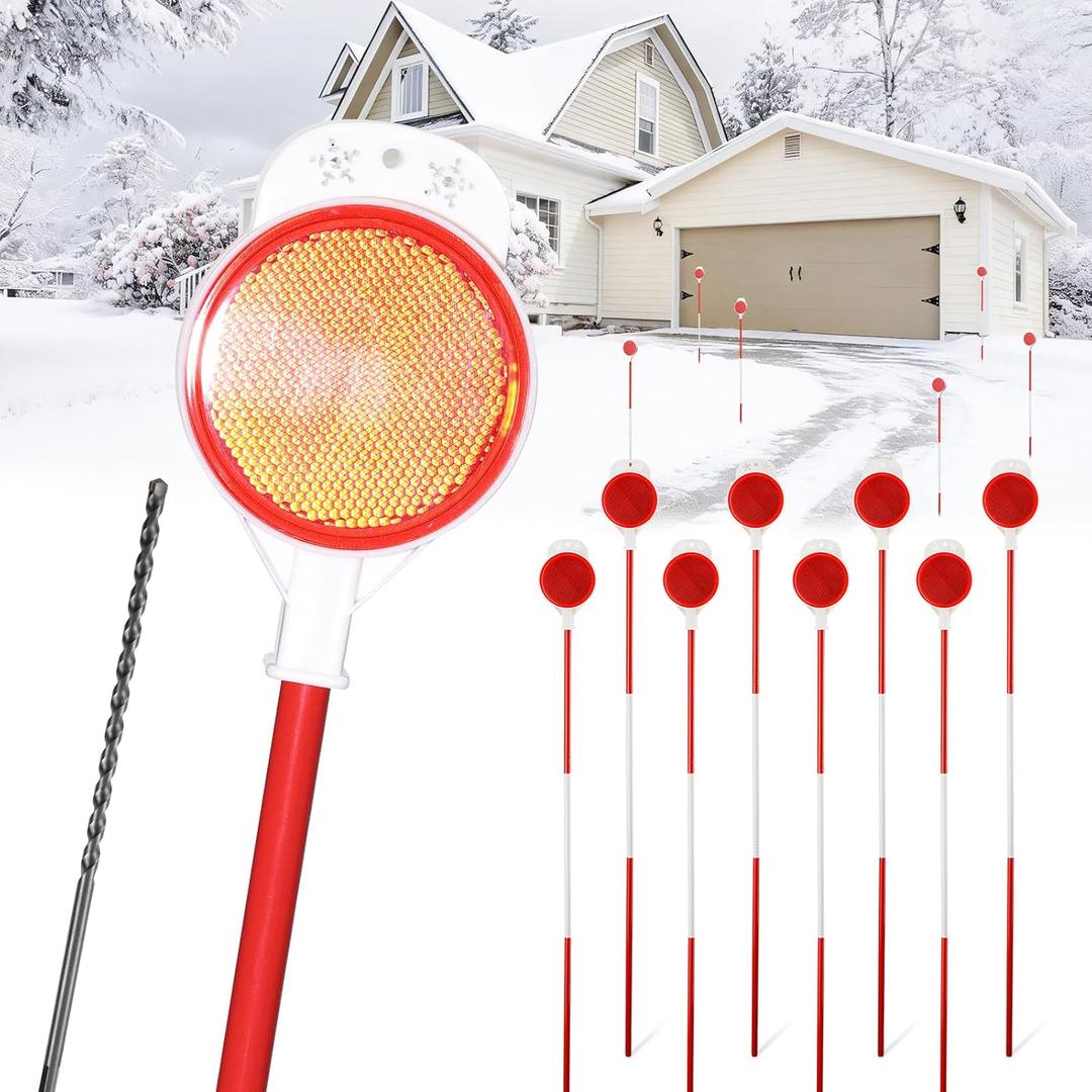 Driveway Markers Reflectors, 8-pack High Visibility Reflective Snow Stakes for Driveway Entrance, Easy Install Drill Bit, Double Sided Reflectors on Poles 48 inch, Yard Winter Stick for Snowplow, Road (Red & White)