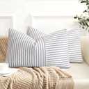 Farmhouse Pillow Covers 12x20, Modern Accent Lumbar Throw Pillow Covers Set of 2, Blue and Beige Striped Patchwork Linen Decorative Pillows Cushion Covers for Couch Chair Bedroom Fall Decorations