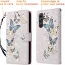 UEEBAI Wallet Case for Samsung Galaxy S25 Plus 5G, PU Leather Phone Case Kickstand RFID Blocking Flip Case Card Slots Wrist Strap Relief Engraved Pattern Magnetic Closure Flower Case, Blue Butterfly