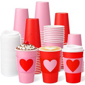 24 Set Valentine's Day Disposable Coffee Cups with Lids and Sleeves 16oz Red Pink Paper Cups Beverage Drinking Cup Heart Shaped Sleeves for Anniversary Wedding Bridal Shower Party Supplies