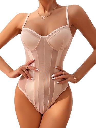 Lilosy Sexy Wireless Strappy Mesh Corset Lingerie Bodysuit Top, S