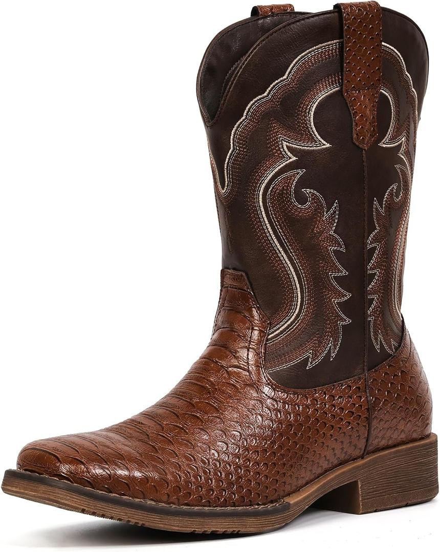 IUV Cowboy Boots for Men Faux Snake Skin Embroidered Western Boots Slip Resistant Square Toe Pull on Mid Calf Cowboy Boot (10, Dark Brown)