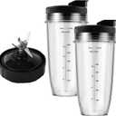 MEET JUICE Blender Replacement Parts Compatible with Ninja Auto-iQ Blenders, 24oz Cups with Lids and 7-Fin Extractor Blade for BL480 BL640 BL642 Series (Compatible with 7-Fin Systems Only)