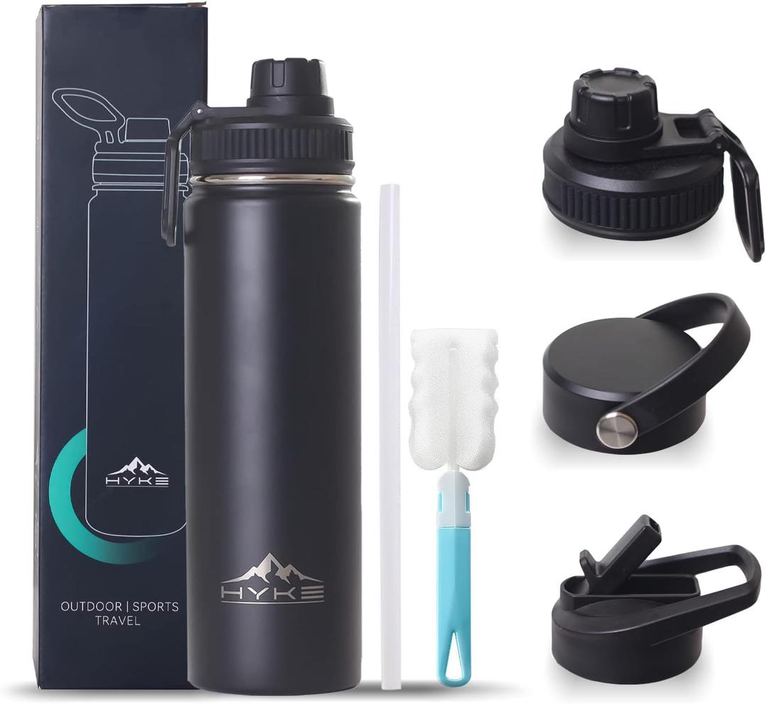 24oz Insulated Water BottleVacuum Stainless Steel Bottle with Straw, Spout, Handle, 3 LidsLeak Proof, BPA Free, Fits Cup HoldersMetal Thermos for Hiking, Gym, Car, Bike (Black)