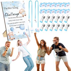 Geelin 12 Sets Swing Pacifier Baby Shower Games Funny Gender Reveal Games, Include 1 Wooden Sign and 12 Pacifiers for Bridal Shower Gender Reveal Party Favors Women Men(Bear,Blue)