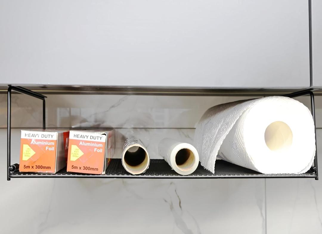 EHKIT Foil and Plastic Wrap Organizer Holder Foldable Under Cabinet Shelf Kitchen Pantry Desk Hanging Storage Rack (Black)