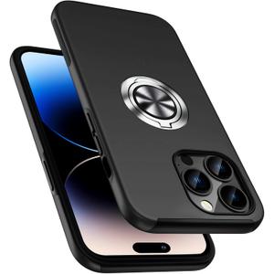 PELEPUES Shockproof Case for iPhone 14 Pro Max, [Embedded Finger Ring] Military Grade Phone Case Cover with Reinforced Metal Stand Kickstand [Support Magnetic Car Holder] for iPhone 14 6.7'', Black