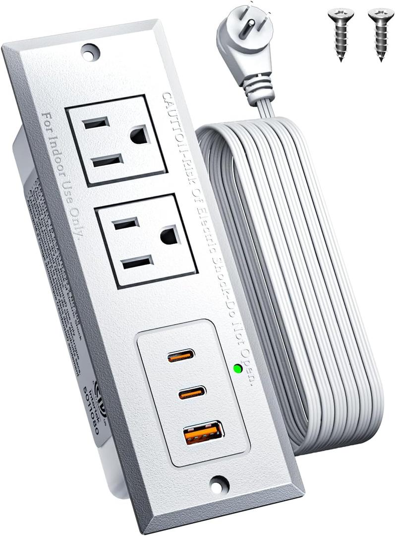 Recessed Power Strip with 20W USB C Port, Fast Charging USB A Port Conference Recessed Outlet, Space-Saver for Furniture Side Table, End Table, Desk Outlet with 6ft Cord, 45 Thin Flat Plug, White