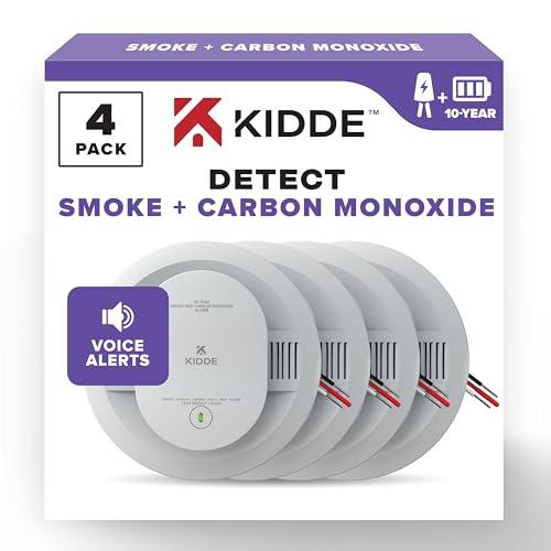 Kidde Hardwired Smoke & Carbon Monoxide Detector, 10-Year Battery Backup, Voice Alerts, Interconnectable LED Warning Light Indicators, 4 Pack 