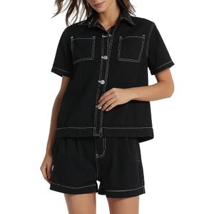 Kedera Summer Denim Set for Women 2 piece Casual Short Sleeve Boxy Shirt Tops and Shorts Pants Lounge Sets Outfits (Small, Black)
