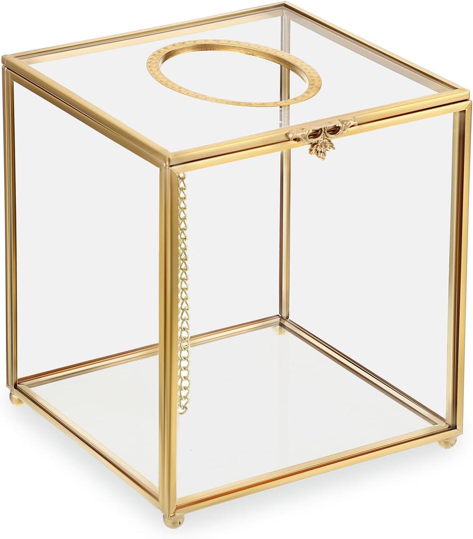 Sumnacon Square Clear Glass Tissue Box Cover -Dainty Cube Tissue Box Holder, Gorgeous Gold Facial Tissue Holder for Dresser Bathroom Bedroom Home Office Bar Restaurant Decor (5.1''x5.1''x5.9''/Square)