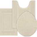 SHACOS Microfiber Bathroom Rugs Set of 3 with Toilet Lid Cover Non Slip Washable Bath Mat Absorbent Bathroom Carpet 16"x24"+U Shape Toilet Rug 20"x24"+Toilet Lid Cover 19"x21", Light Beige