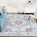 Eleisa 8x10 Area Rugs for Living Room, Fuchsia & Light Blue, Machine Washable Low Pile Area Rug, Stain Resistant Vintage Home Decor Rug for Bedroom, Dining Room, Home Office