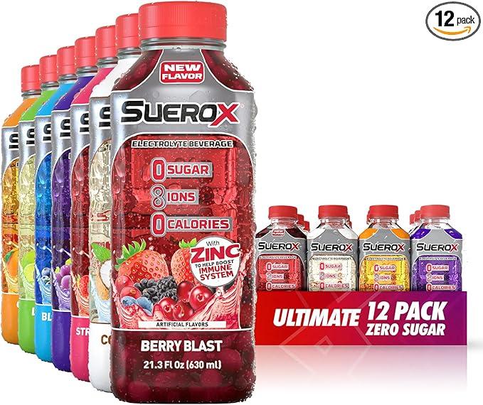 SueroX Zero Sugar Electrolyte Drink for Hydration and Recovery, Unique Blend of Electrolytes & 8 Ions, Zero Calorie Sports Drink, 21.3 Fl Oz, Ultimate Pack, 12 Count Overall Pick, Best By: 04/2026