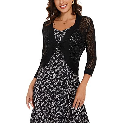 Women's 3/4 Sleeve Tie Open Front Bolero Shrug Lightweight Knit Hollow Out Cropped Cardigan, Black, XL