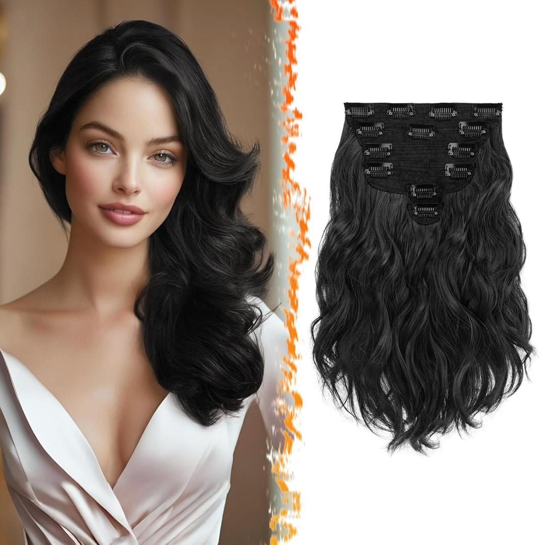 BARSDAR 12 Inch Wavy Black Clip in Hair Extensions - 6PCs Short Wavy Natural Black Clip in Hair Extensions for Women - Full Head Thick Soft Synthetic Hairpieces Daily Party Halloween