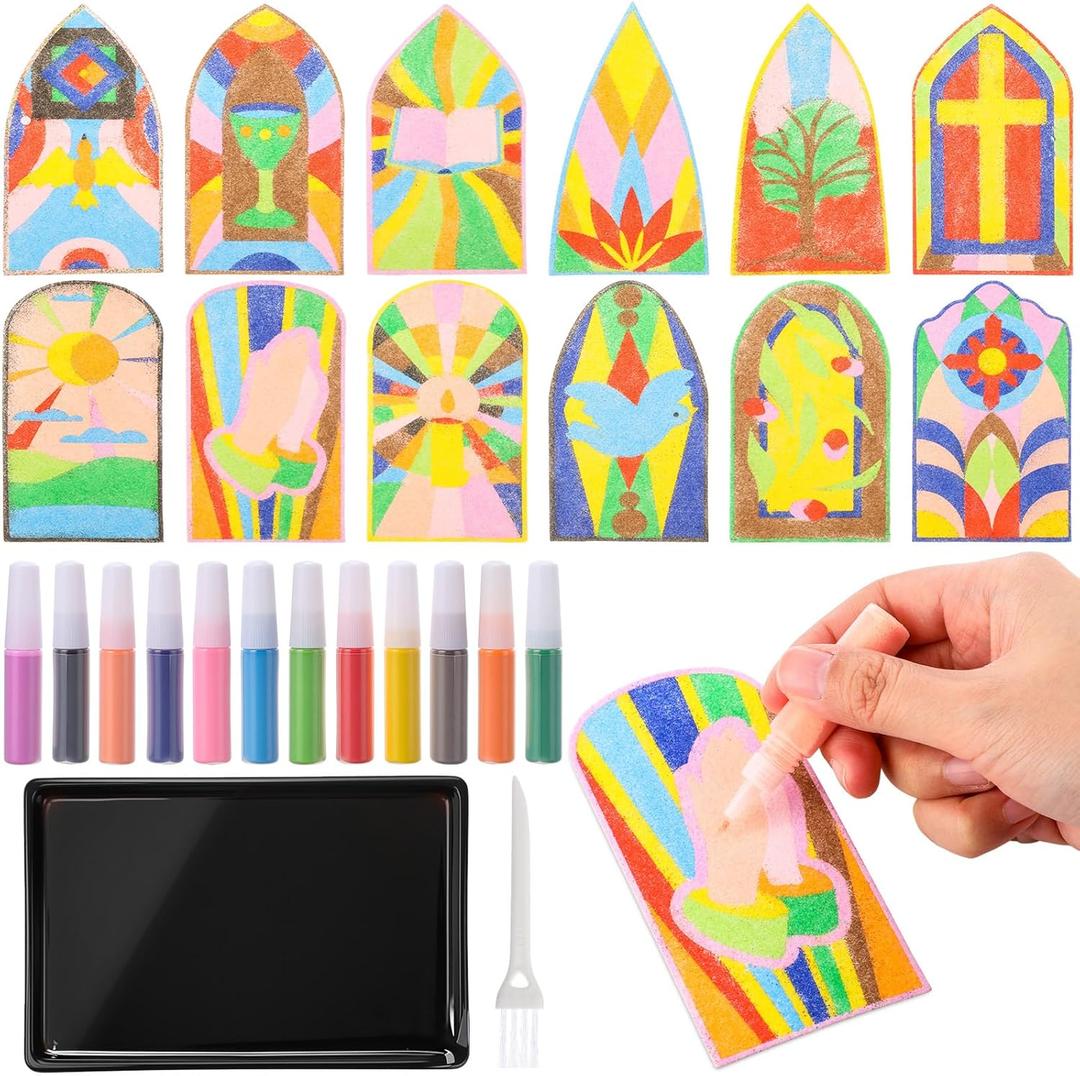 AmazingSpark 12 Set Easter Sunday Crafts Religious Sand Art Kits for Kid Christian Coloring Craft Sand Painting Catholic Church Window for Sunday VBS Supplies DIY Activities Gifts(Elegant Pattern)