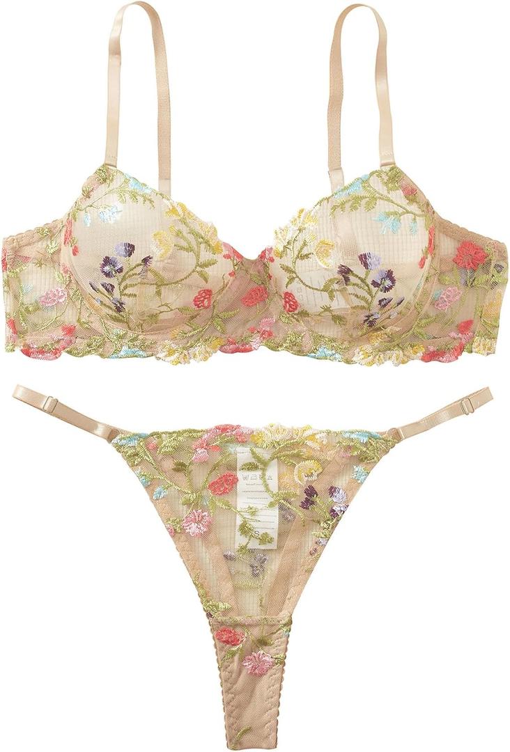Sexy Floral Embroidered Flower Mesh Underwire Push Up Lingerie Set, M
