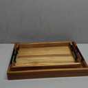 Fibogollo Acacia Wood Set of 2 Serving Tray with Metal Handles,Ottoman Decorative Trays Platter for Coffee Table,Living Room,Bar,Party (Brown)