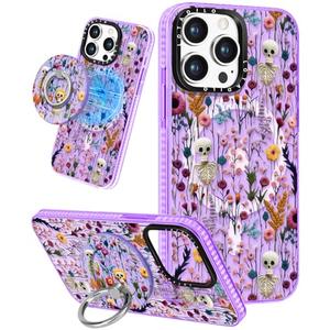 Lotadilo Cute Case for iPhone for Women Girls - Funny Skull Flower Design Compatible with Magsafe Magnetic Ring Holder Kickstand Fashion TPU Phone Covers for iPhone  Phone Case