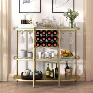 O&K FURNITURE Home Bar Table with Wine Racks, 3 Tier Wine Bar Table with Glass Holders, Wine Cabinet with Open Shelf, Liquor Bar Coffee Bar Table for Living Room Kitchen, Gold, 43.3"D x 14.8"W x 36.2"H
