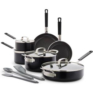 GreenPan x Bobby Flay 13 Piece Nonstick Cookware Pots and Pans Set, PFAS-Free Diamond Ceramic, Induction Suitable, Easy Clean Dishwasher & Oven Safe, Stay-Cool Silicone Handles, Glass Lids, Black