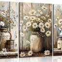 3Pcs Farmhouse Daisy Canvas Wall Art Vintage Rustic Flower Posters Paintings Floral Still Life Pictures Wall Decor Country Themed Daisy Prints for Living Room Bedroom Kitchen Home Framed, 24Lx16W" Canvas