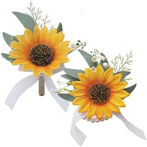 Artificial Sunflower Boutonniere,Bride Groom Bridesmaid Wedding Flower Corsage Set,Formal Party and Vintage Wedding.(1 Sunflower Boutonniere & 1 Sunflower Wrist Corsage)