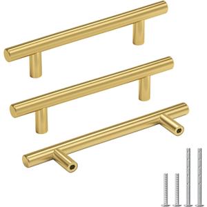 Goldenwarm 30 Pack 4Inch Gold Kitchen Cabinet Handles Brushed Gold Cabinet Pulls Brass Drawer Pulls Kitchen Dresser Handles for Modern Bathroom Cupboard (Hole Centers: 4in)