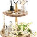 Beaded Tiered Tray Stand, Rustic Wooden 2 Tier Decorative Tray with Bead Garland, Farmhouse Round Wood Serving Tray Counter Centerpiece for Coffee Bar Home Decor Holiday Housewarming Gifts (Brown)