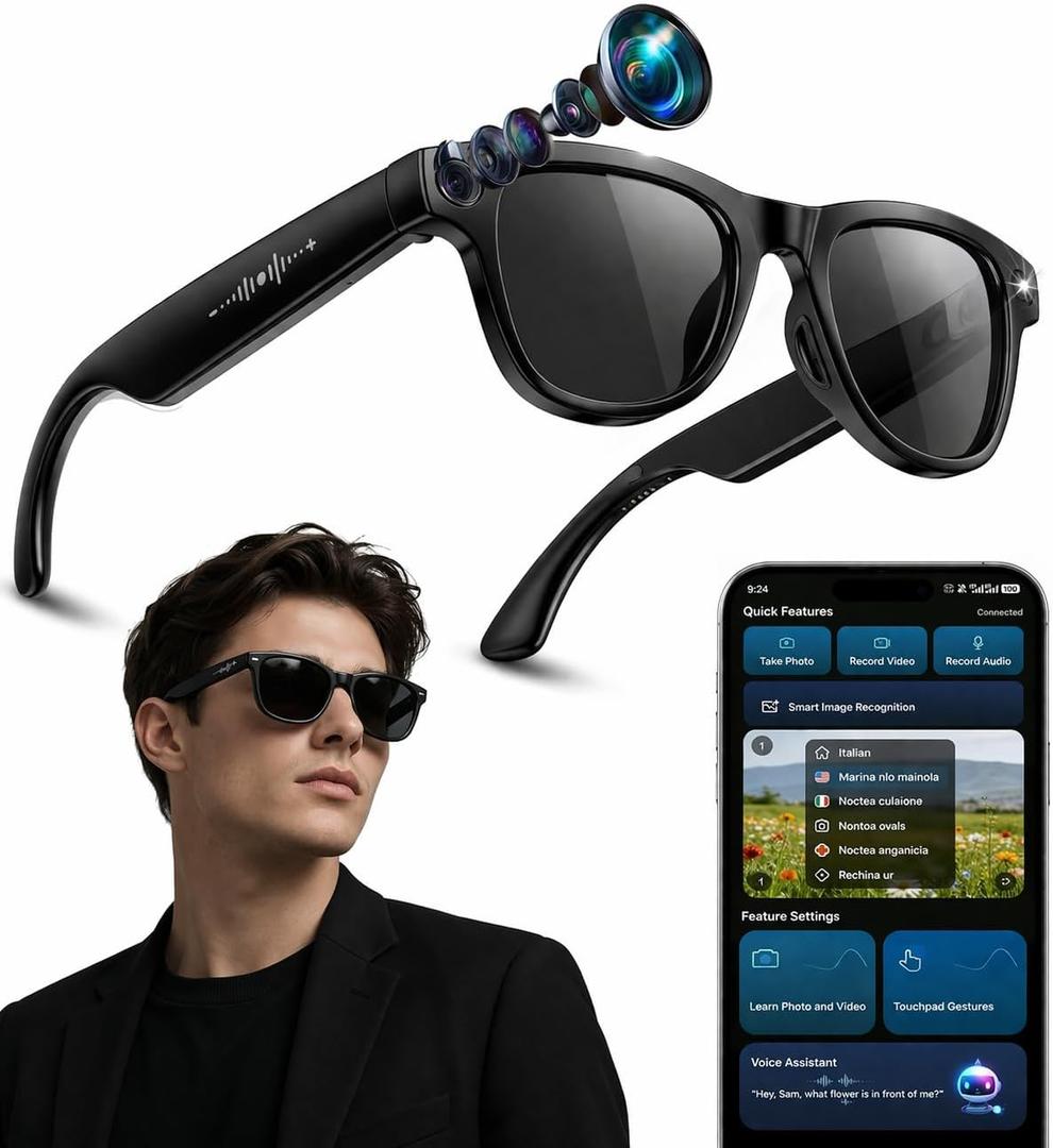 2026 AI Smart Glasses with 8MP 4K Camera, Video Recording Glasses with Photo, Real-Time Translation in 139 Languages, ChatGPT Voice Assistant, Open-Ear Bluetooth Headphones, Travel, Meetings & Vlog