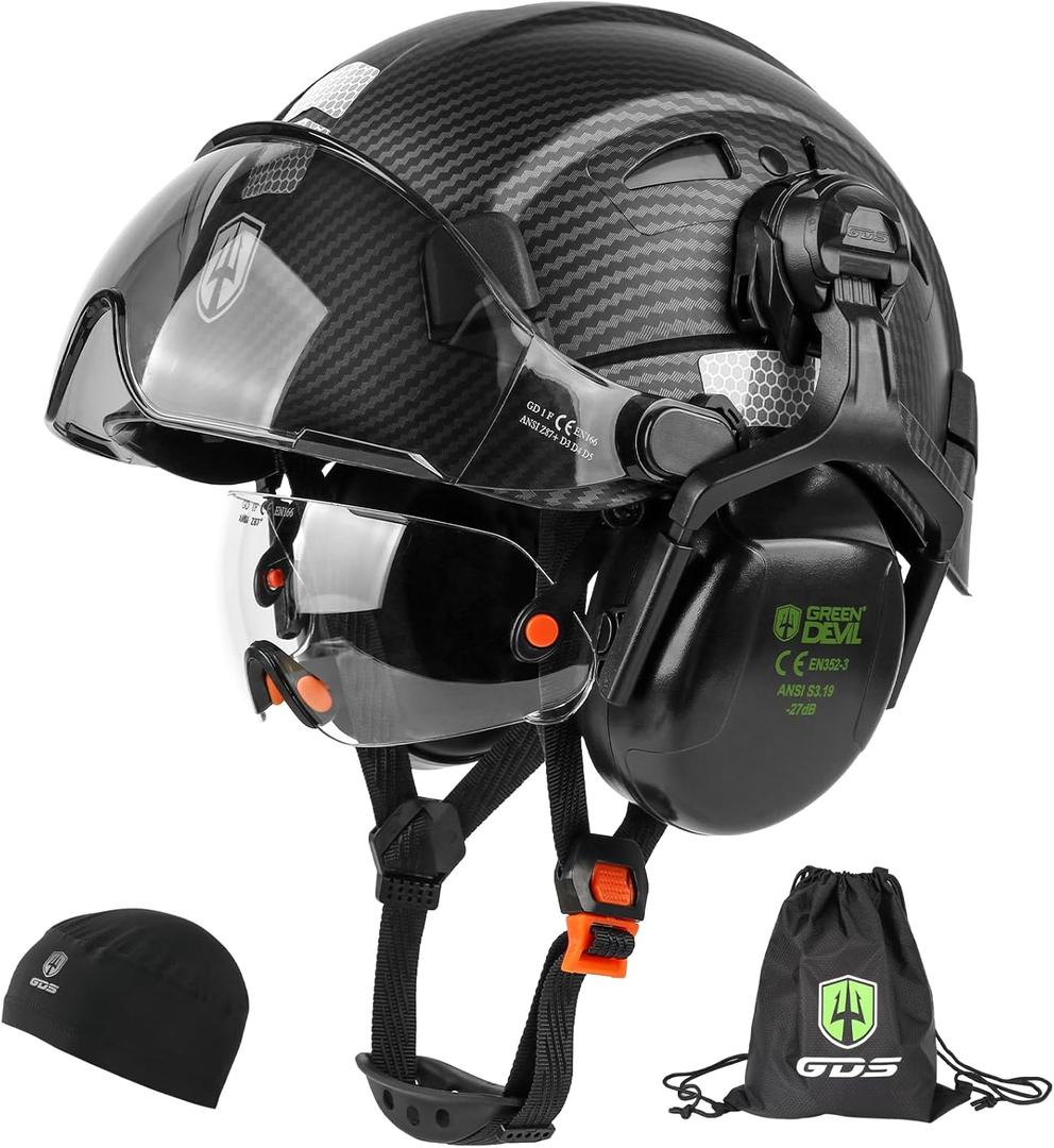 GREEN DEVIL Hard Hat Safety Helmet with Visor and Ear Muffs Men Women Vented Work Hardhat ANSI Z89.1 Cascos De Construccion for Industrial Construction Forestry (Matte Black Graphite Pattern)