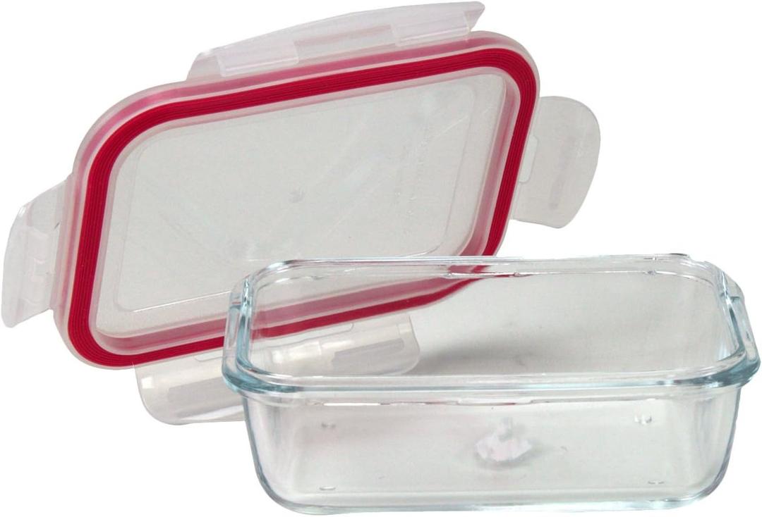 Borosilicate Microwave and Oven Safe Rectangular Glass Food Storage Container with Snap Locking Plastic Lid, Red Lining, 11 oz., Clear