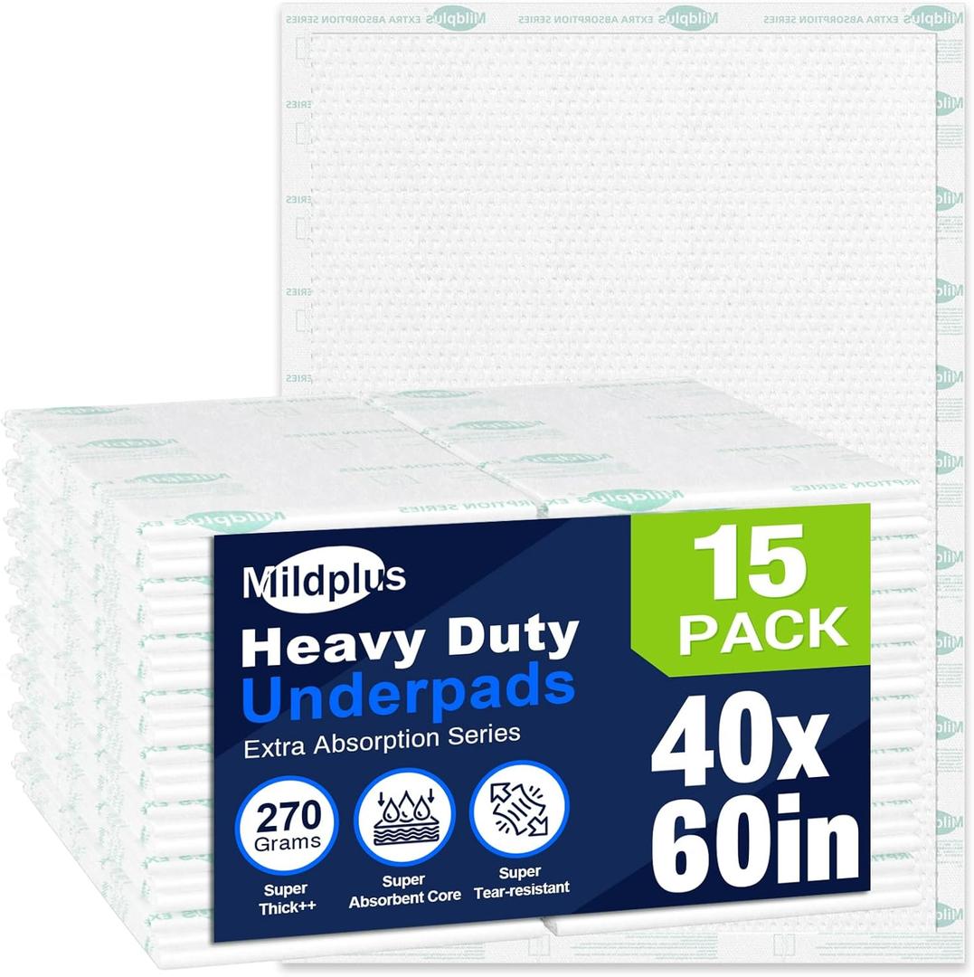 Heavy Duty Underpads 40"X60" Super Sized Chucks Pads 270 Grams Disposable Bed Pads with Strength Cloth Backing Extra Absorption Pads for Incontinence (100X152CM, 15 Count, Discreet Packaging)