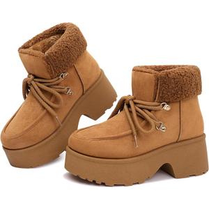 Platform Winter Boots For Women: Platform Boots Lace Up Zipper Chunky Heels Cozy Warm Snow Short Boot (Brown)