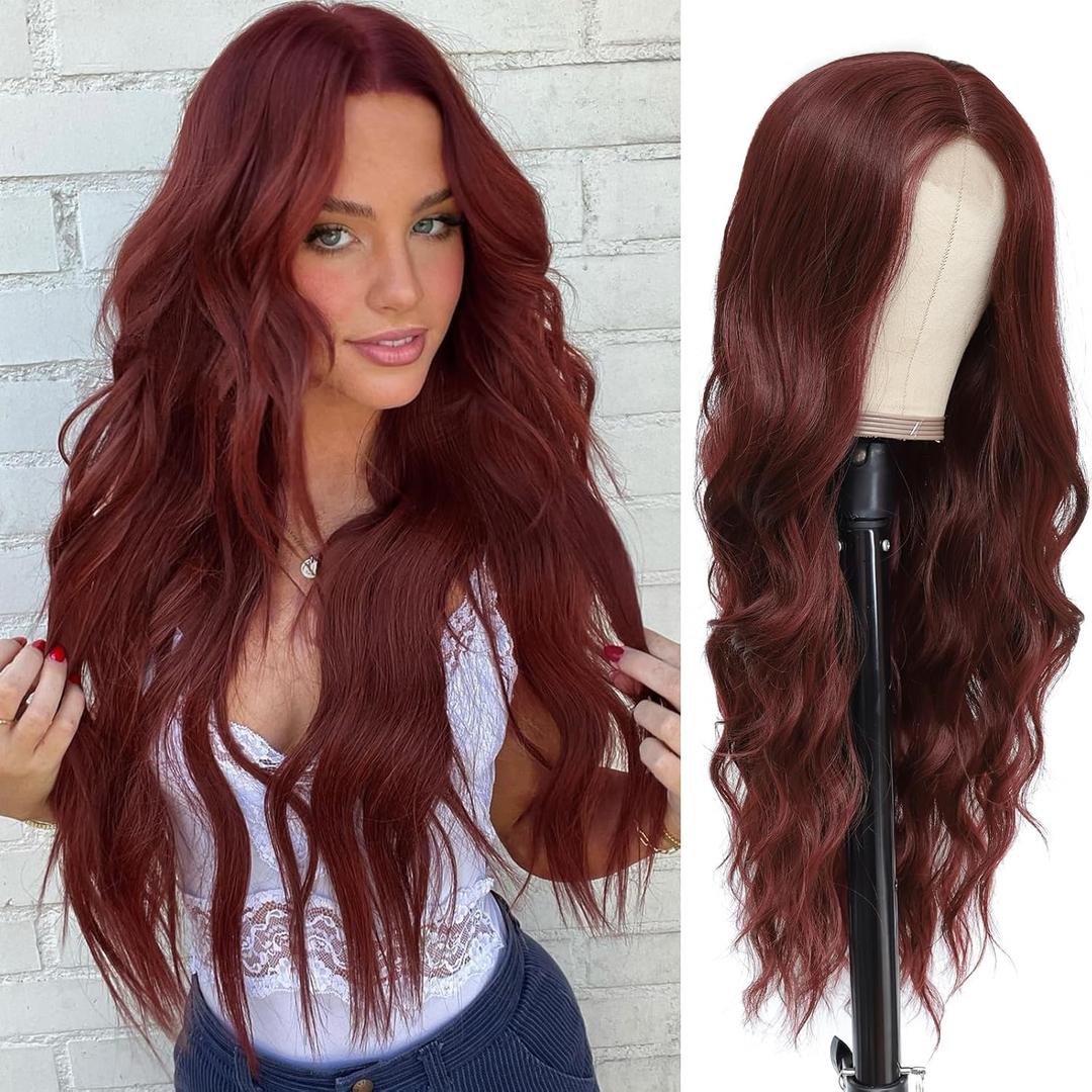 NAYOO Long Burgundy Wig for Women, 26 Inch Long Wavy for Women, Wine Red Wigs Easy to Put, Heat Resistant Synthetic Wig, Natural Looking Red Wavy for Daily Use