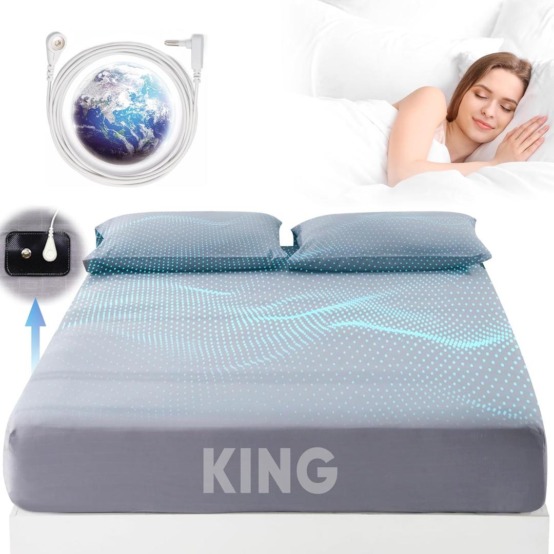 Grounding Sheets King Size, 95% Organic Cotton + 5% Pure Silver Fiber, Grounding Sheet Earth Connected Bedding (King - 77"x 80"x 13" Gray) Fitted Earth Sheets with Grounding Cord