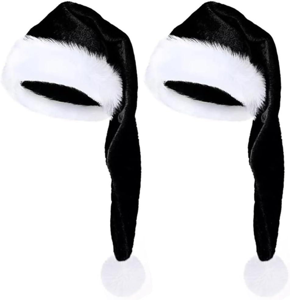 kockuu Long Fluffy Black and White Santa Hats Set with Plush Brim and Liner for Adults Christmas Hat Party Supplies & Gifts (2 Pack)