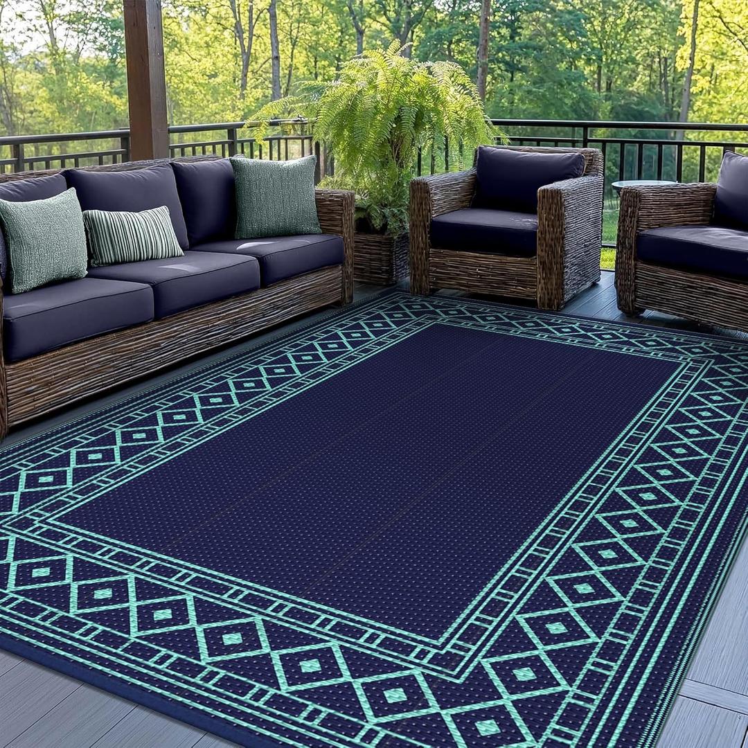 GENIMO Outdoor Rug Waterproof 5'x8' for Patio, Foldable Reversible Plastic Straw Carpet for Travel Trailers, Outside Area Mat for Rv, Deck, Picnic, Porch, Balcony, Beach, Navy Blue & Jade Green GENIMO Outdoor Rug Waterproof 5'x8' for Patio, Foldable Reversible Plastic Straw Carpet for Travel Trailers, Outside Area Mat for Rv, Deck, Picnic, Porch, Balcony, Beach, Navy Blue & Jade Green