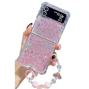 KERZZIL Cute Lanyard Compatible with Samsung Galaxy Z Flip 5 Case, Bling Glitter Powder Soft TPU Mil-Grade Shockproof Protective Cases Cover for Girls Women(Pink, Flip 5)