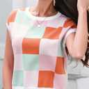 Womens Cap Sleeve Summer Tops Crop Checkered Y2K Outfits Cute Preppy Clothes Loose Fit Lightweight Short Sleeve Sweater (XL)